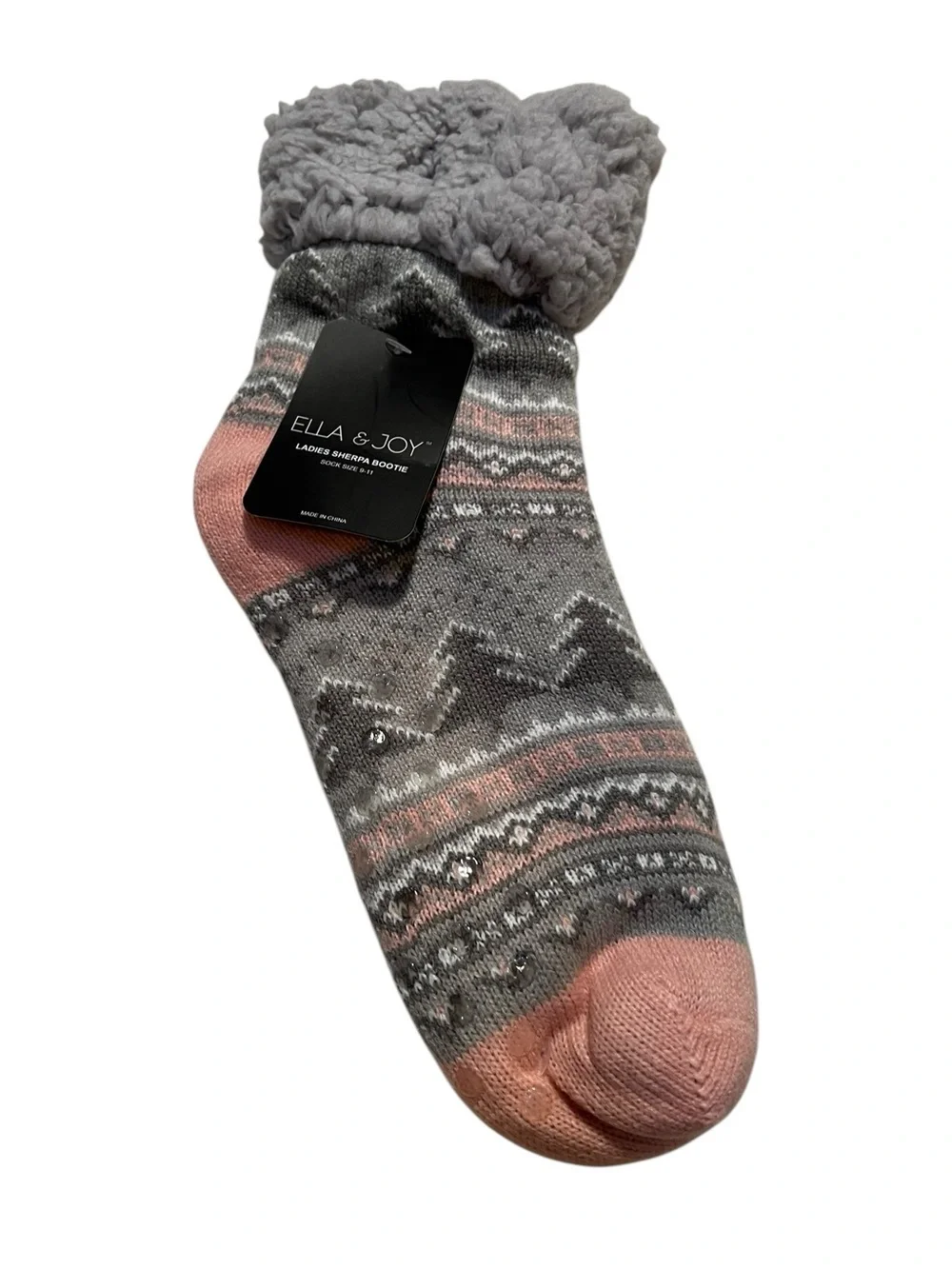 Ella & Joy Women's Sherpa Lined Lounge Bootie Socks Gray Pink Fair Isle SLSKL202